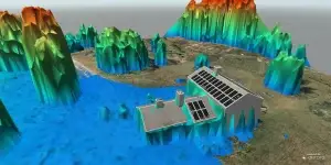 A 3D terrain model showcases a building equipped with solar panels, reflecting the sustainable energy trend in Maine. It is surrounded by vibrant land elevations and serene blue waters.