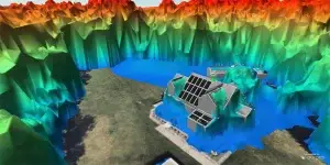 A vibrant 3D solar shading analysis of a Maine house equipped with solar panels, set against varied terrain elevations in red, orange, green, and blue hues.
