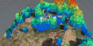 A 3D topographic model displays a building enveloped by multicolored elevation data, from blue to green and red, highlighting varying heights, reminiscent of solar landscapes in Maine.