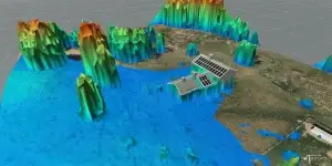 3D topographic map with colorful elevation spikes and a house model in blue water, depicting water depth and terrain changes.
